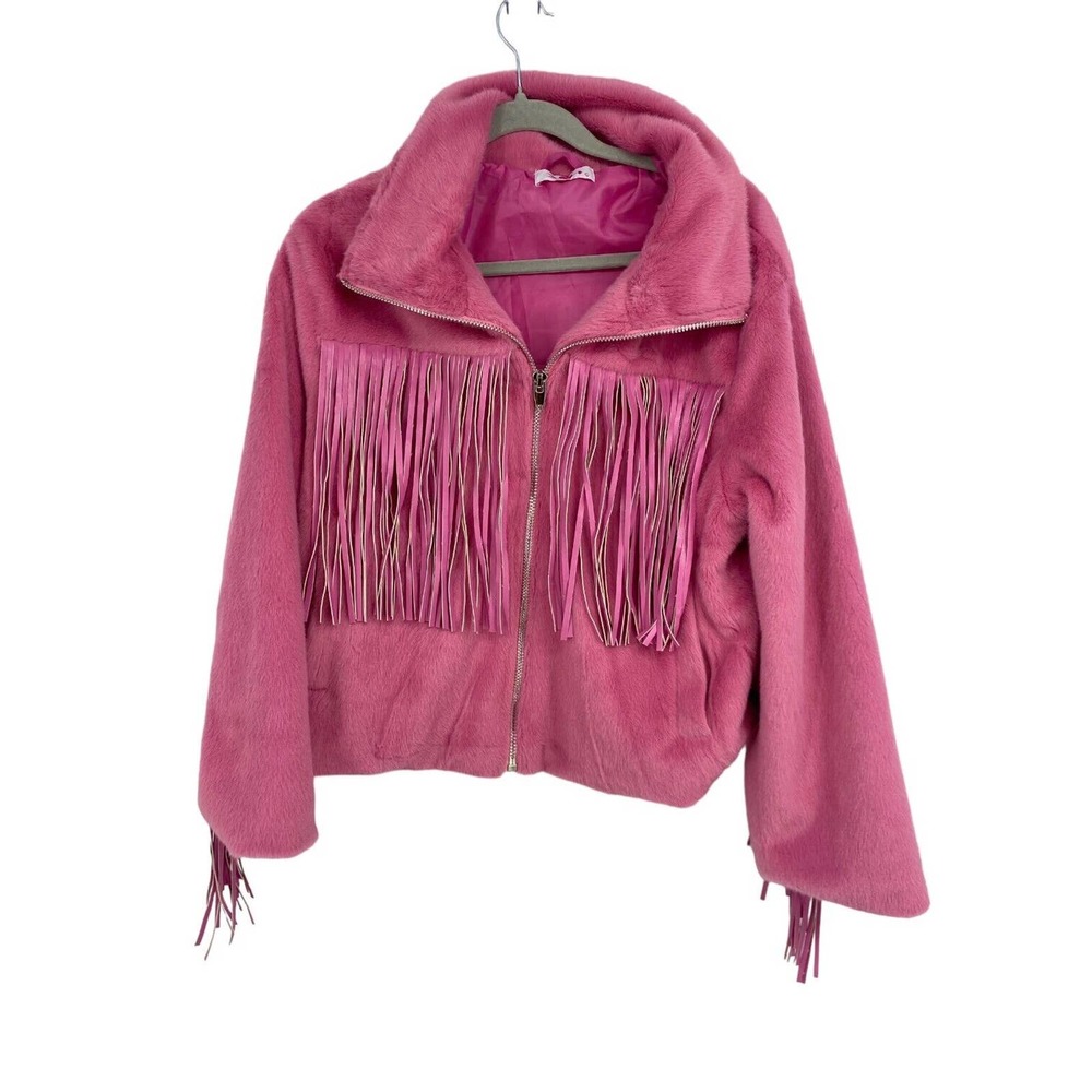 BuddyLove Womens Hot Pink Fringe Faux Fur Pockets Zip Up Jacket Size L